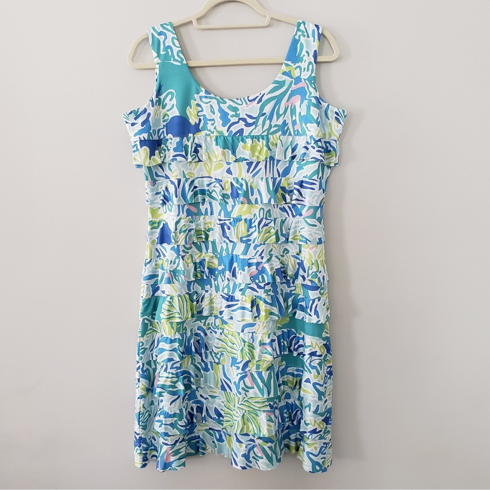 Tango Mango Tropical Dress LARGE Tiered Ruffle Coastal Resort Party Stretch